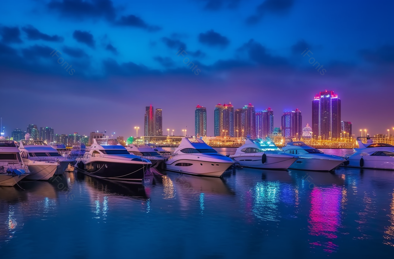 白色游艇整齐的停靠在港口的城市夜景,高清,摄影图,摄影图片,图片大全,摄影图免费下载